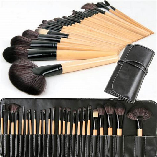 24pcs Wooden Handle Brush Set With Leather Pouch